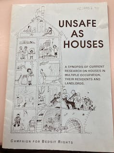 Drawing of a crowded house on front cover of pamphlet