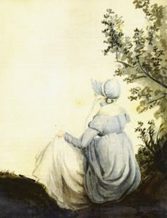 Jane Austen in a watercolour painting, facing away from the painter
